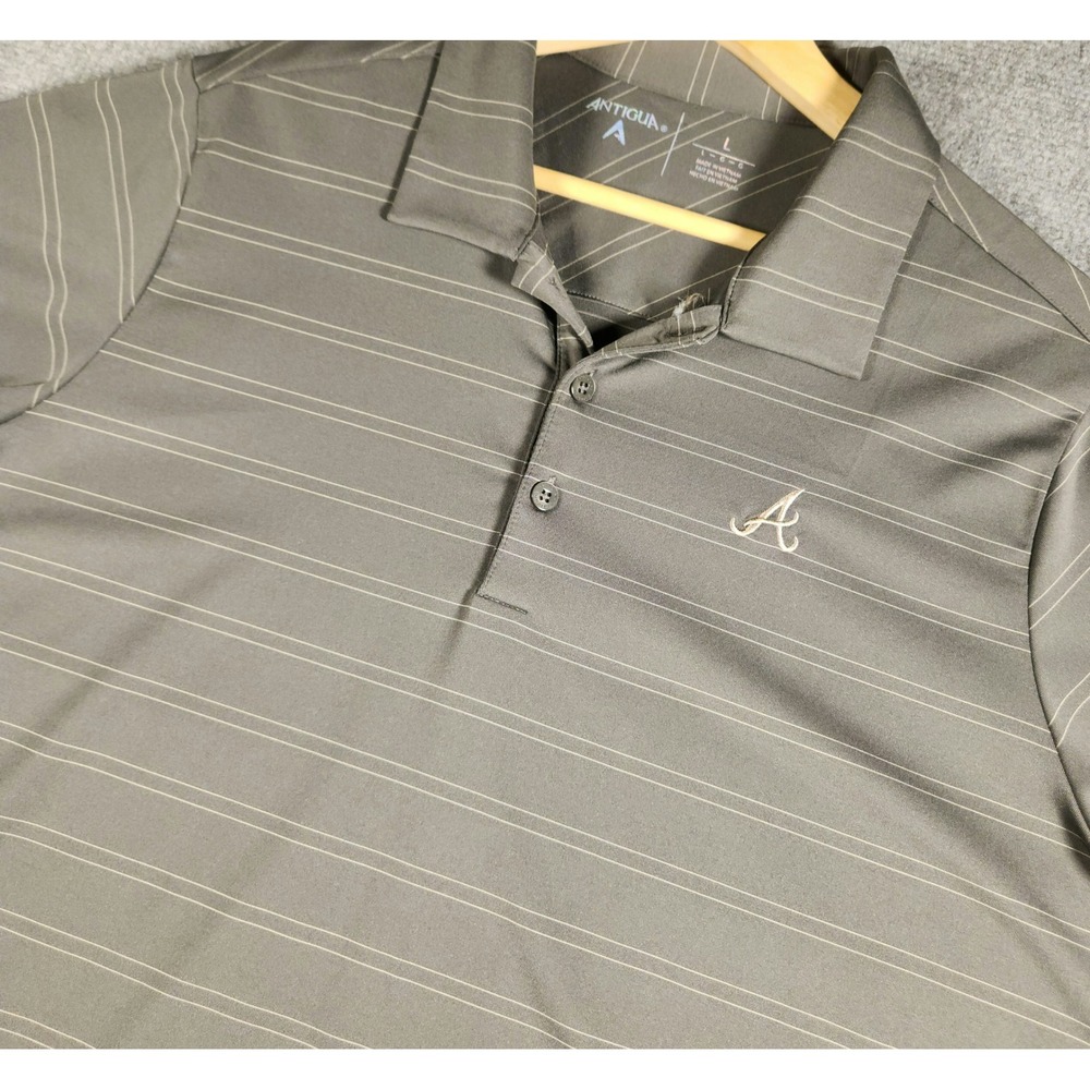 Atlanta Braves Polo Mens L Grey MLB Baseball Striped Antigua